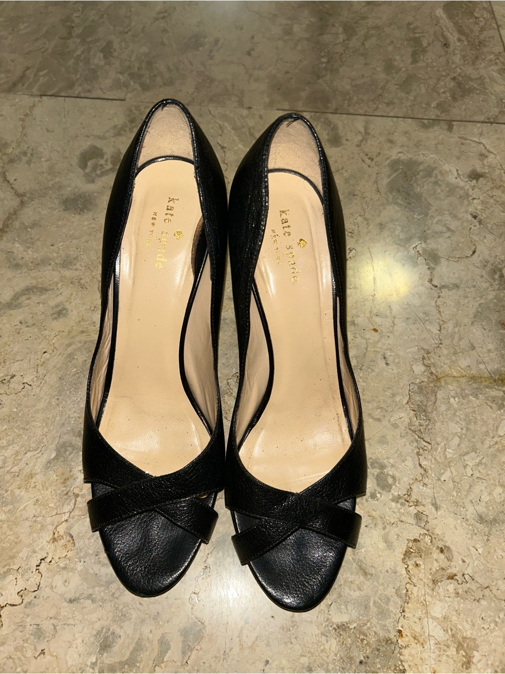 kate spade Black Leather Crisscross Peep-Toe Heels 91/2